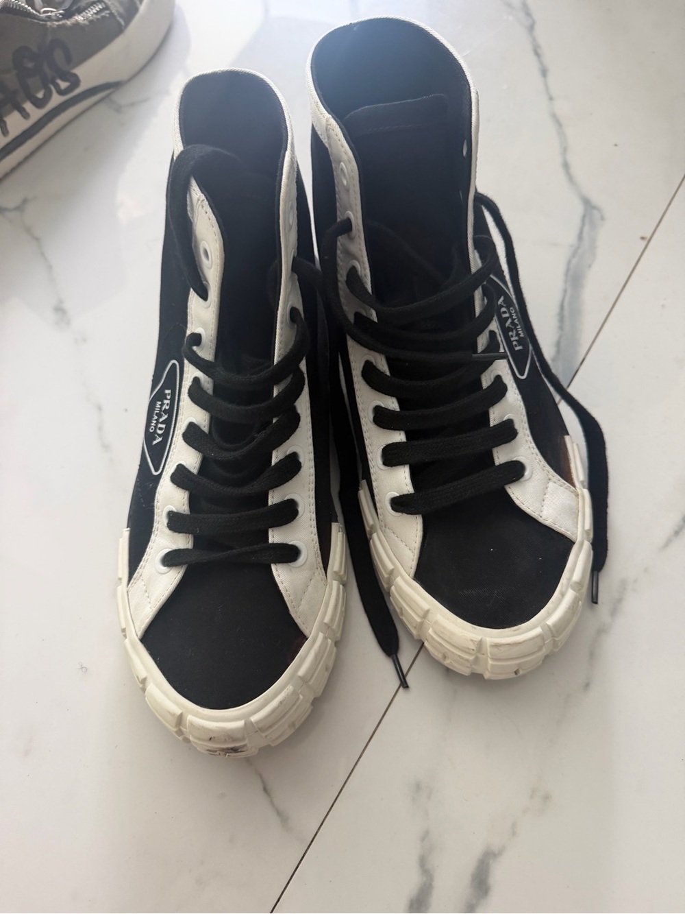 Prada Black and White High-Top Canvas Sneakers